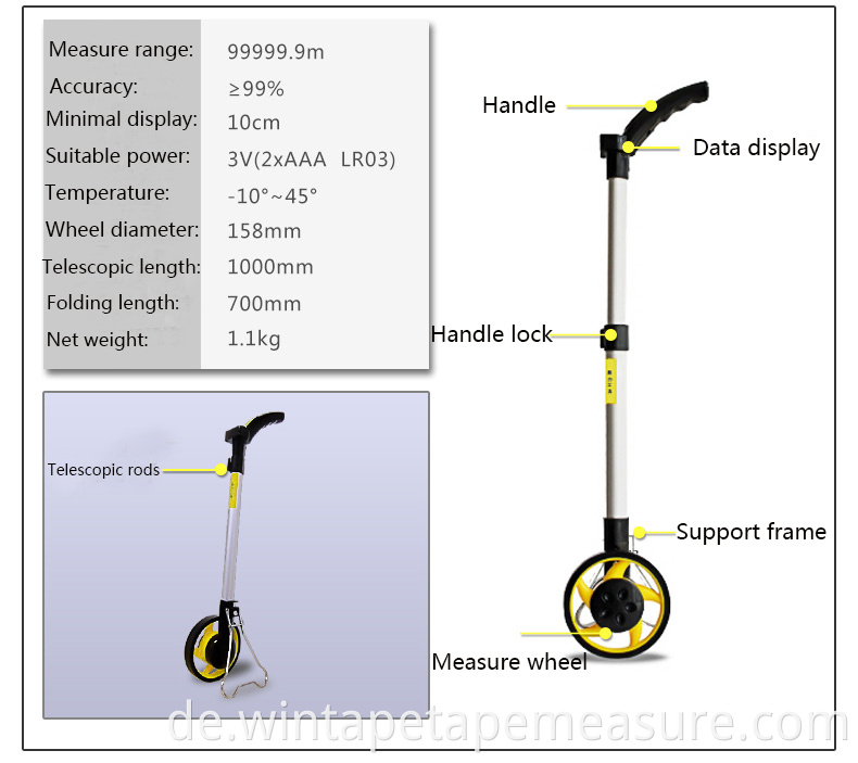 Meter Tools Digit Distance Walking Wheel Messwerkzeug Teleskop 3-teilig mit Schnappverschluss 12 Zoll Elektronisches 0-10000FT Wintape